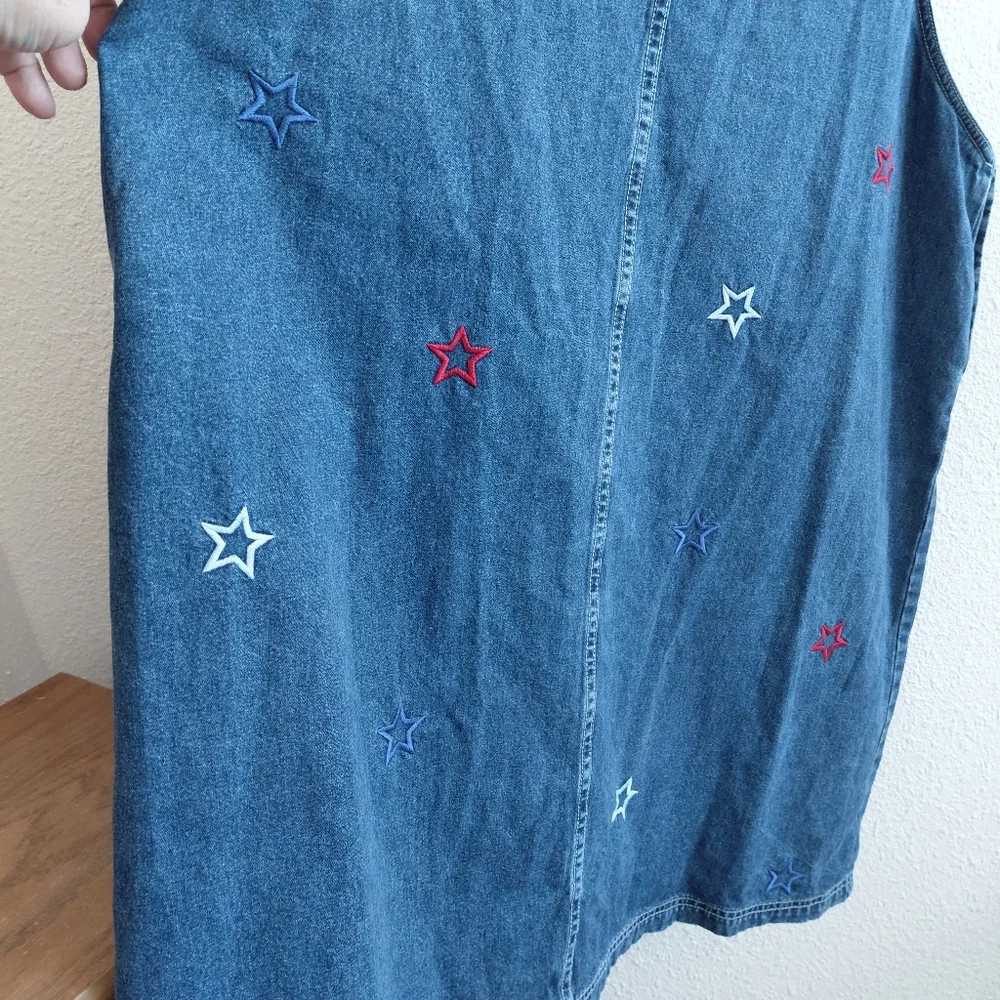 JL NY Women Midi Dress 2X Blue Star Embroidered Pocket Front 100% Cotton Denim. - Picture 7 of 9